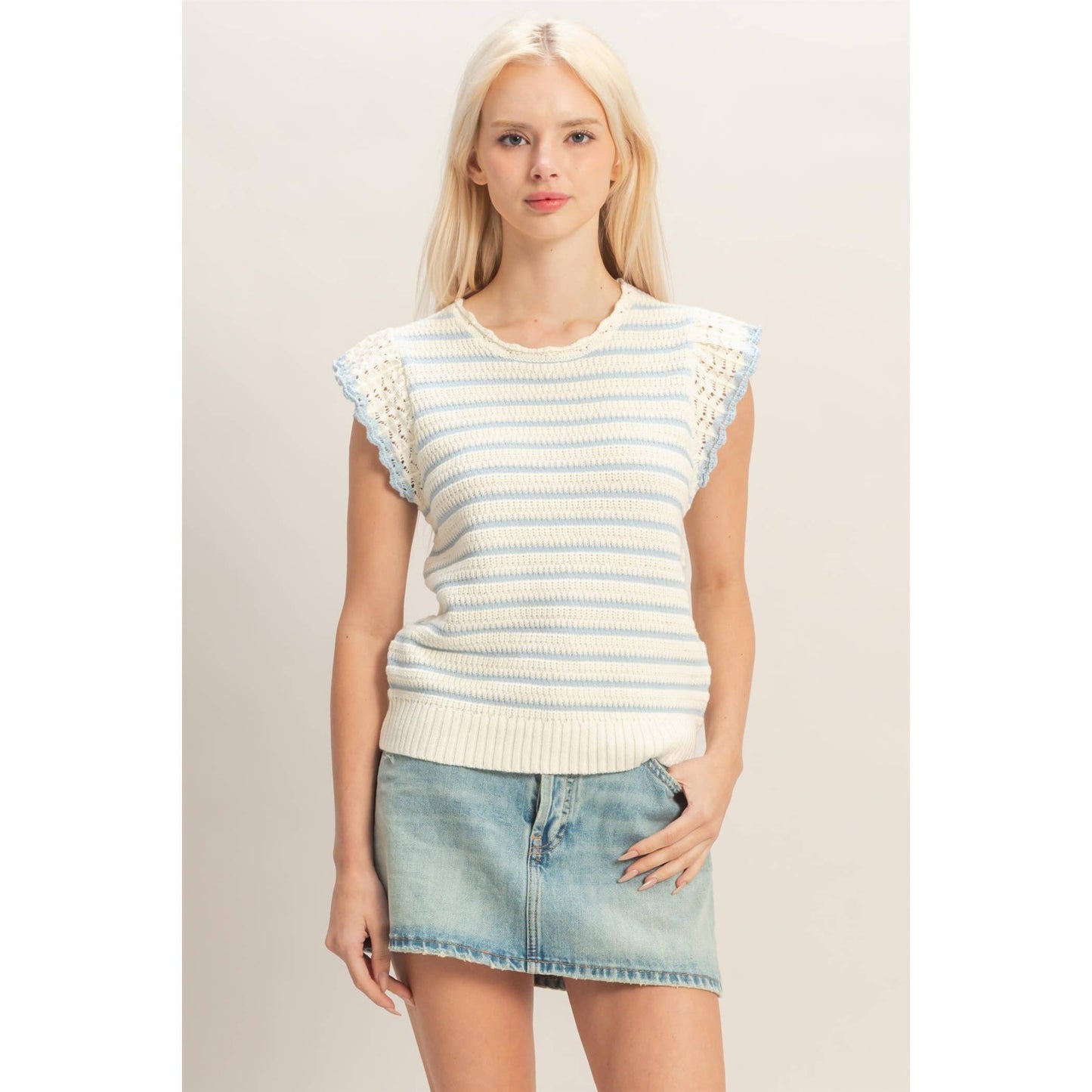 Scalloped Striped Ruffle Sleeve Top