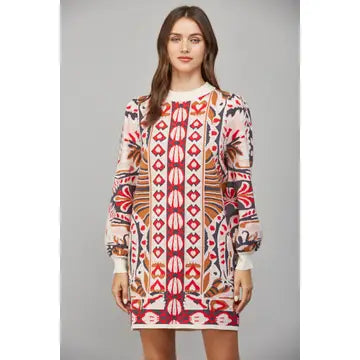 Tribal and Floral Motif Sweater Dress
