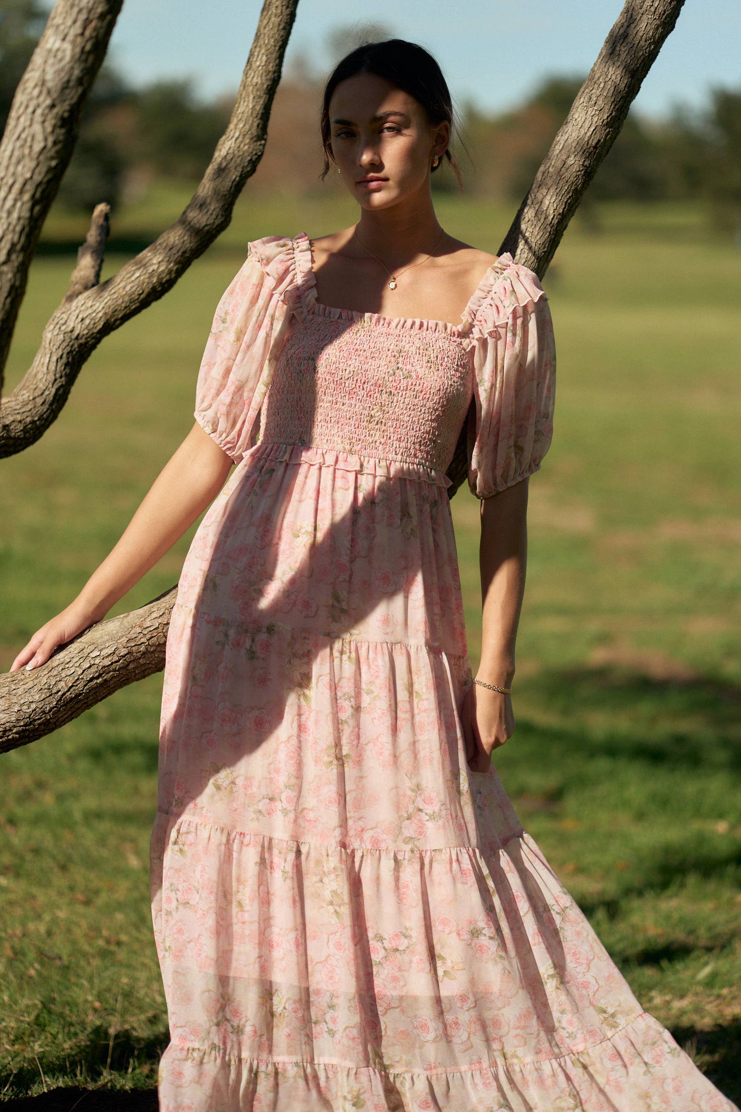 Davi & Dani - SMOCKED SQUARE NECK TIERED FLORAL MAXI DRESS