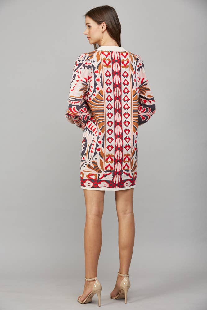FATE - TRIBAL AND FLORAL MOTIF JACQUARD KNIT SWEATER DRESS FW12207