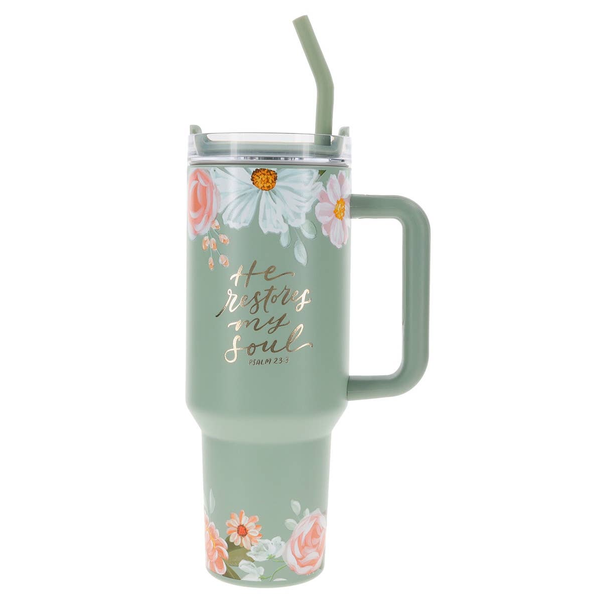 Christian Art Gifts - Tumbler w/straw SS Green He Restores my Soul Ps. 23:3