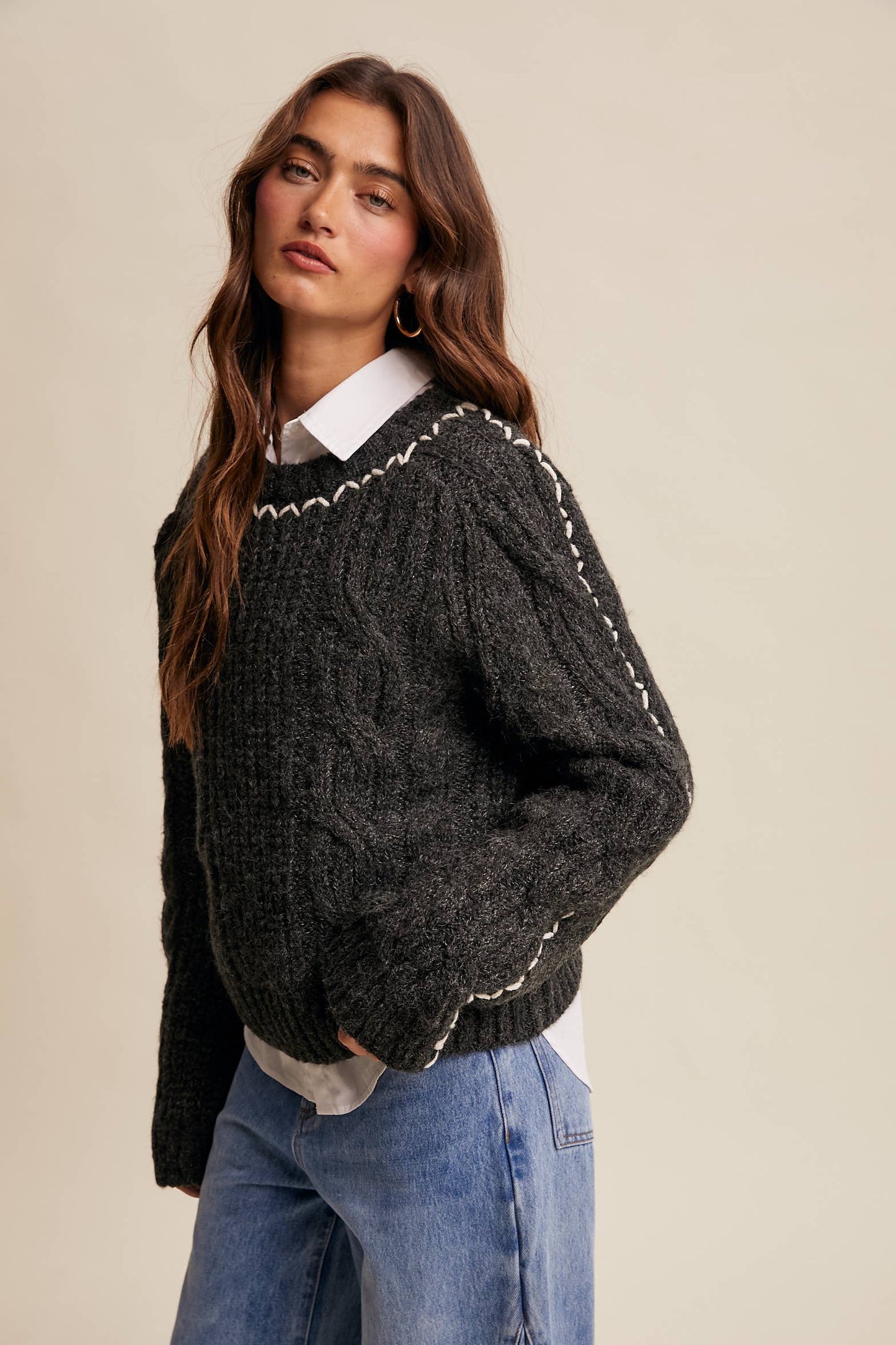 Listicle - Contrast Stitch Cable Knit Sweater LSW1013