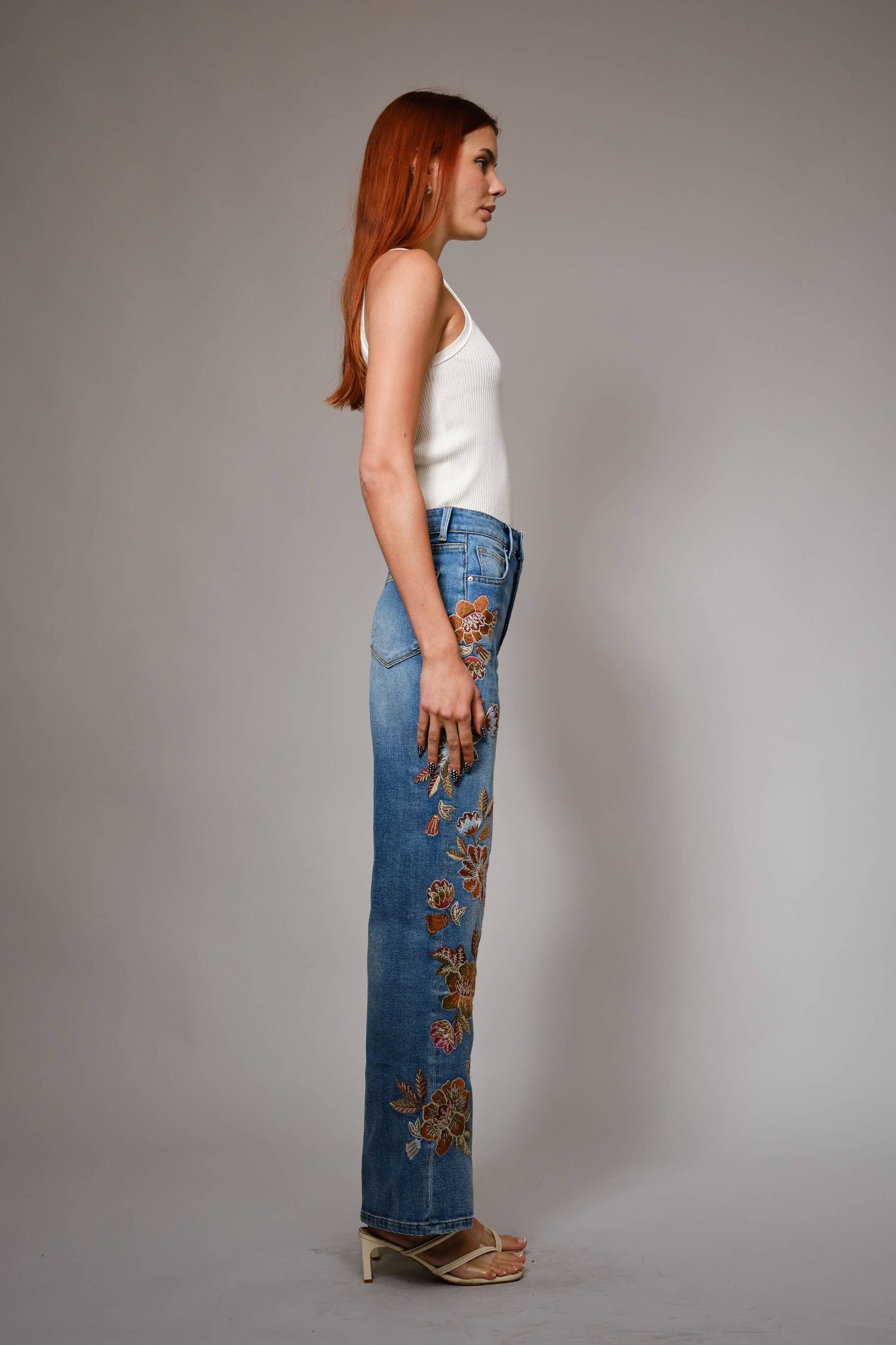 Blue B - 91502P - Flower Embroidery High Waist Flare Jean
