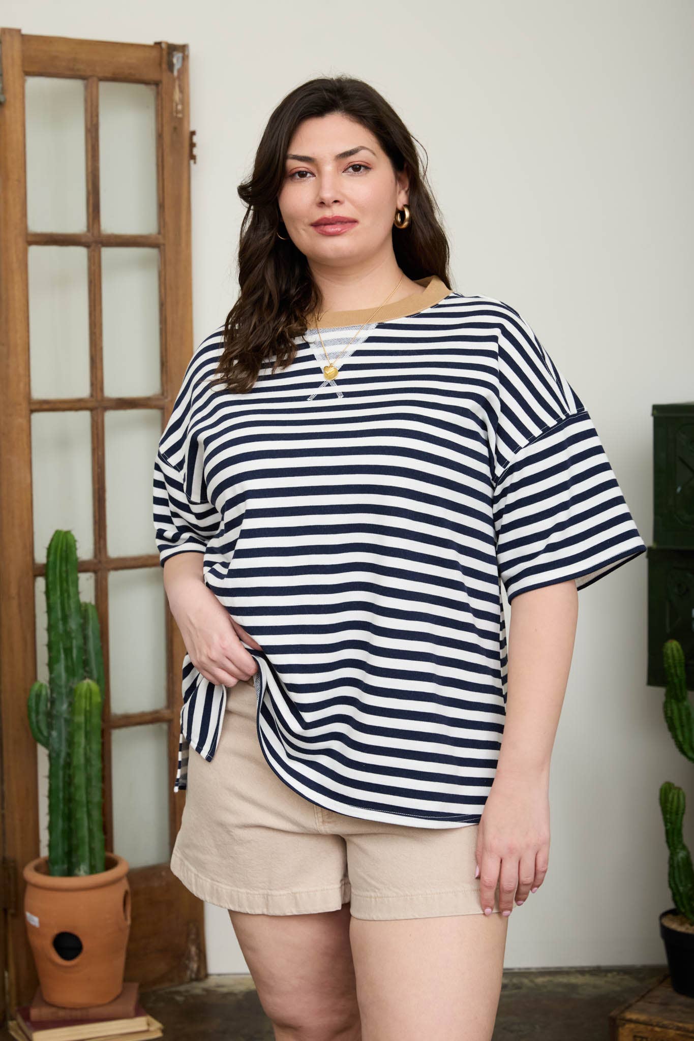 PLUS STRIPE COLORBLOCK DETAIL SHORT SLEEVE KNIT T-SHIRT