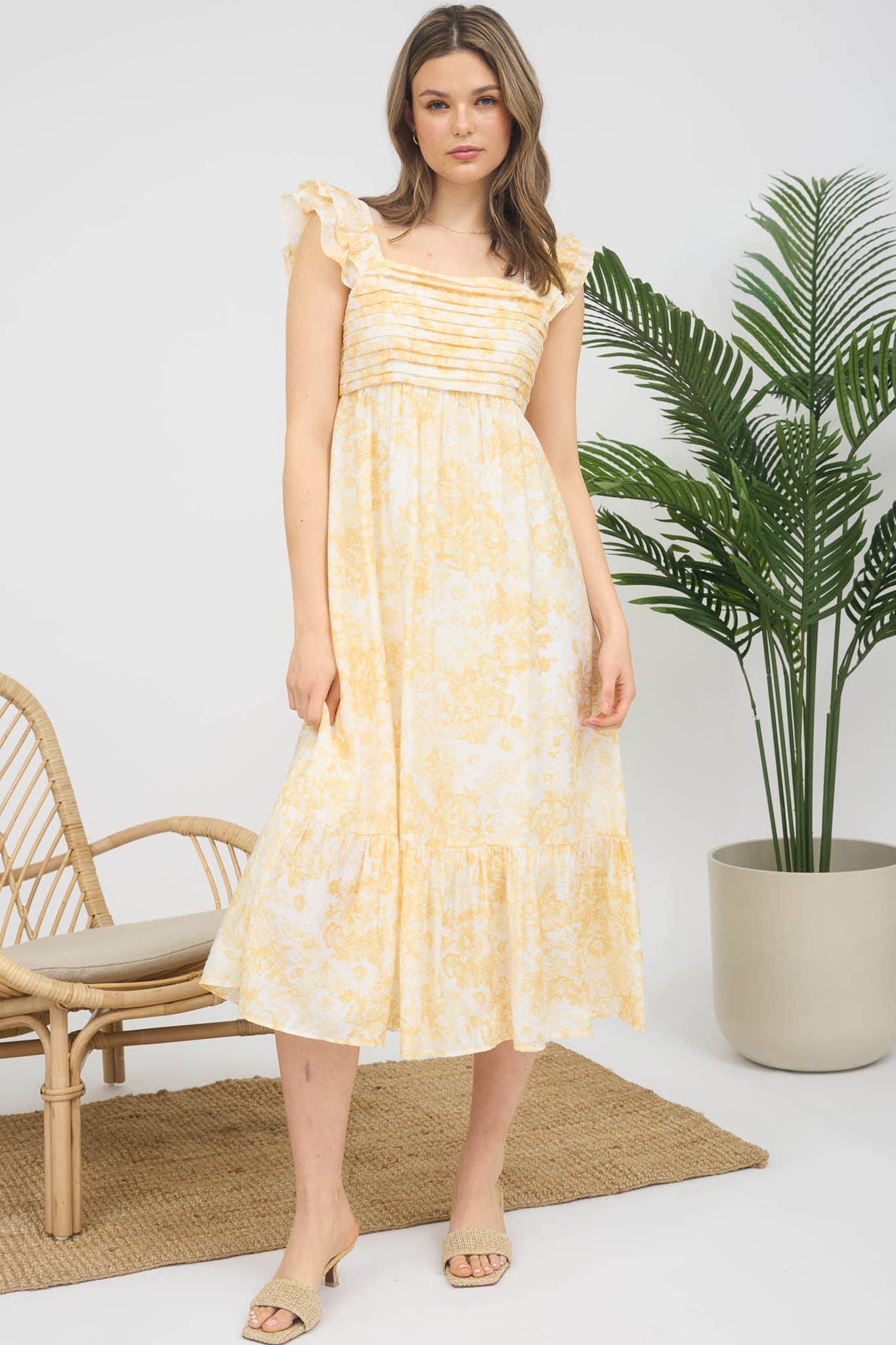 Blu Pepper - FLORAL RUFFLE STRAP DETAIL PLEATED MIDI DRESS