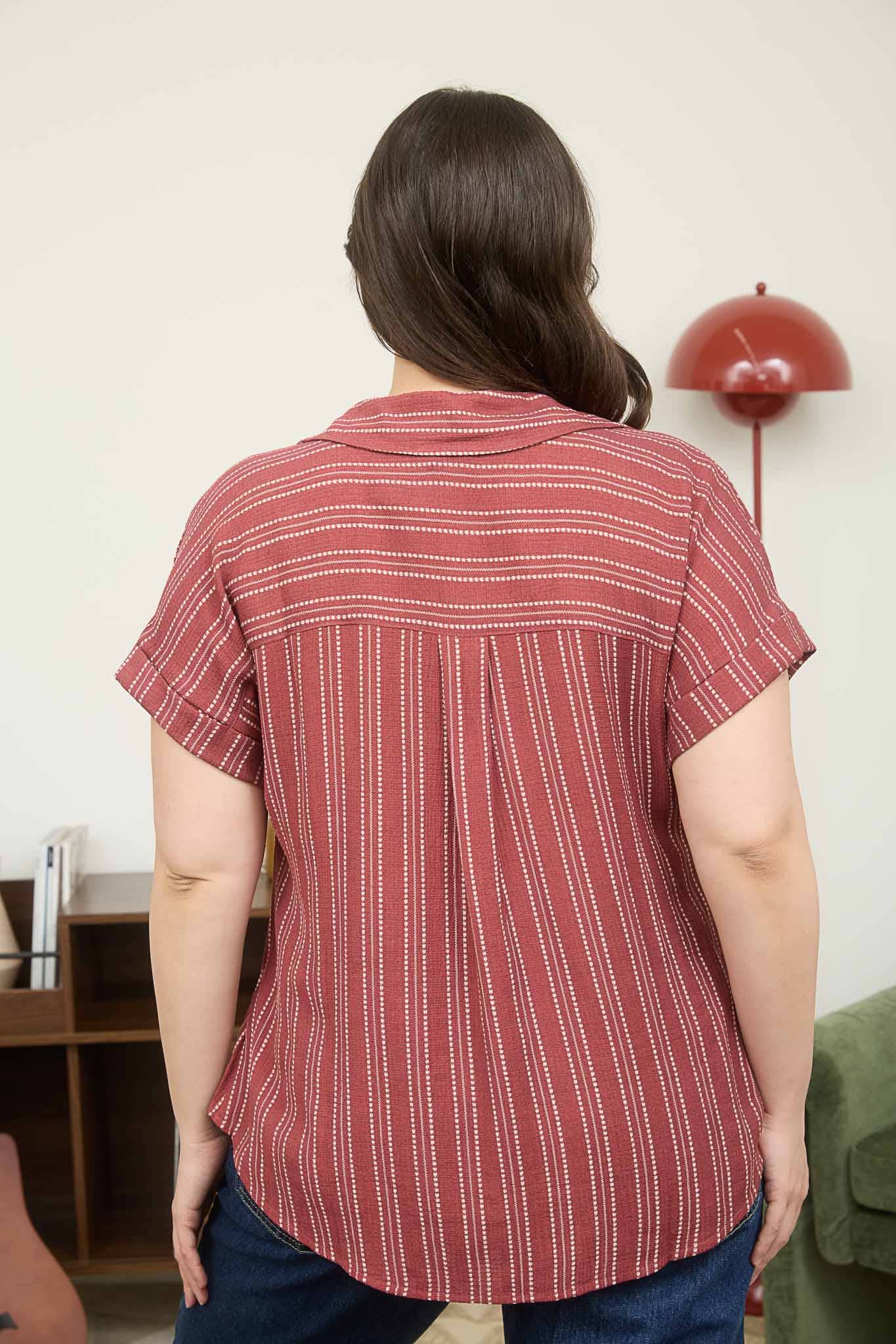 PLUS Stripe Half Button Collared Short Sleeve Top