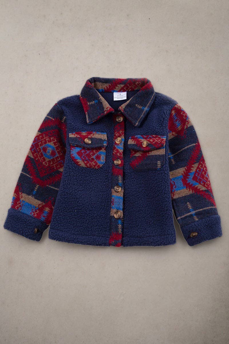 Navy blue sherpa shacket with geometric printed sleeve