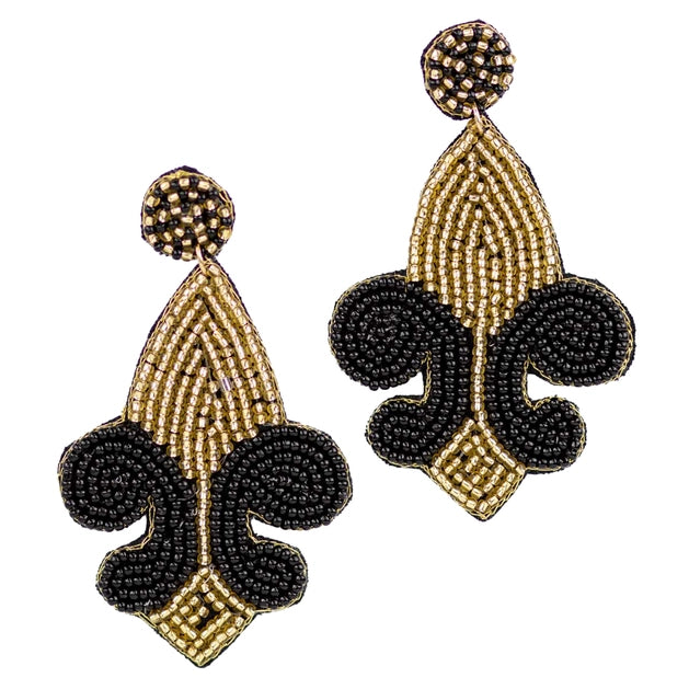 Gameday Fleur de Lis Beaded Earrings Black & Gold
