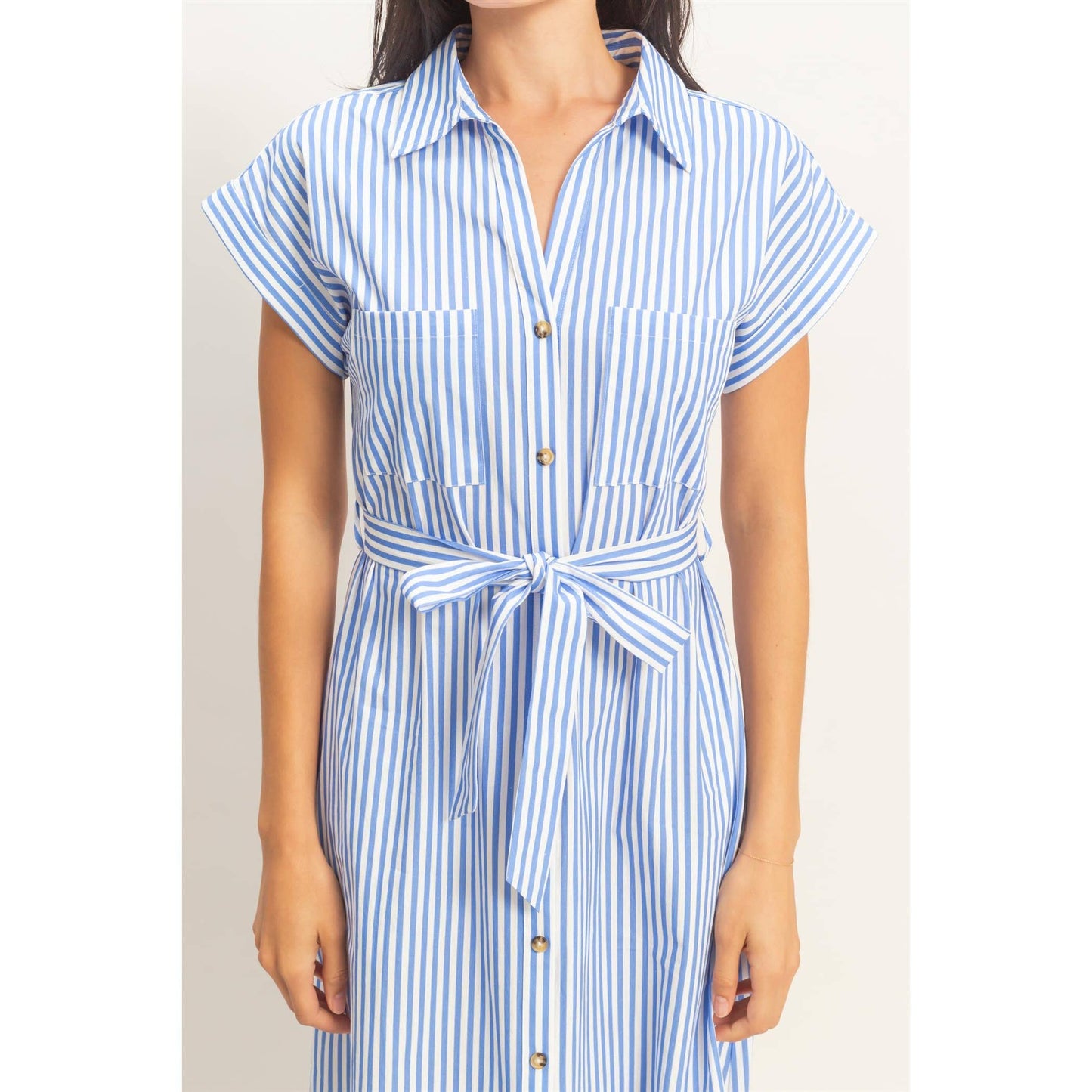 Striped Poplin Belted Shirt Dress With Pockets