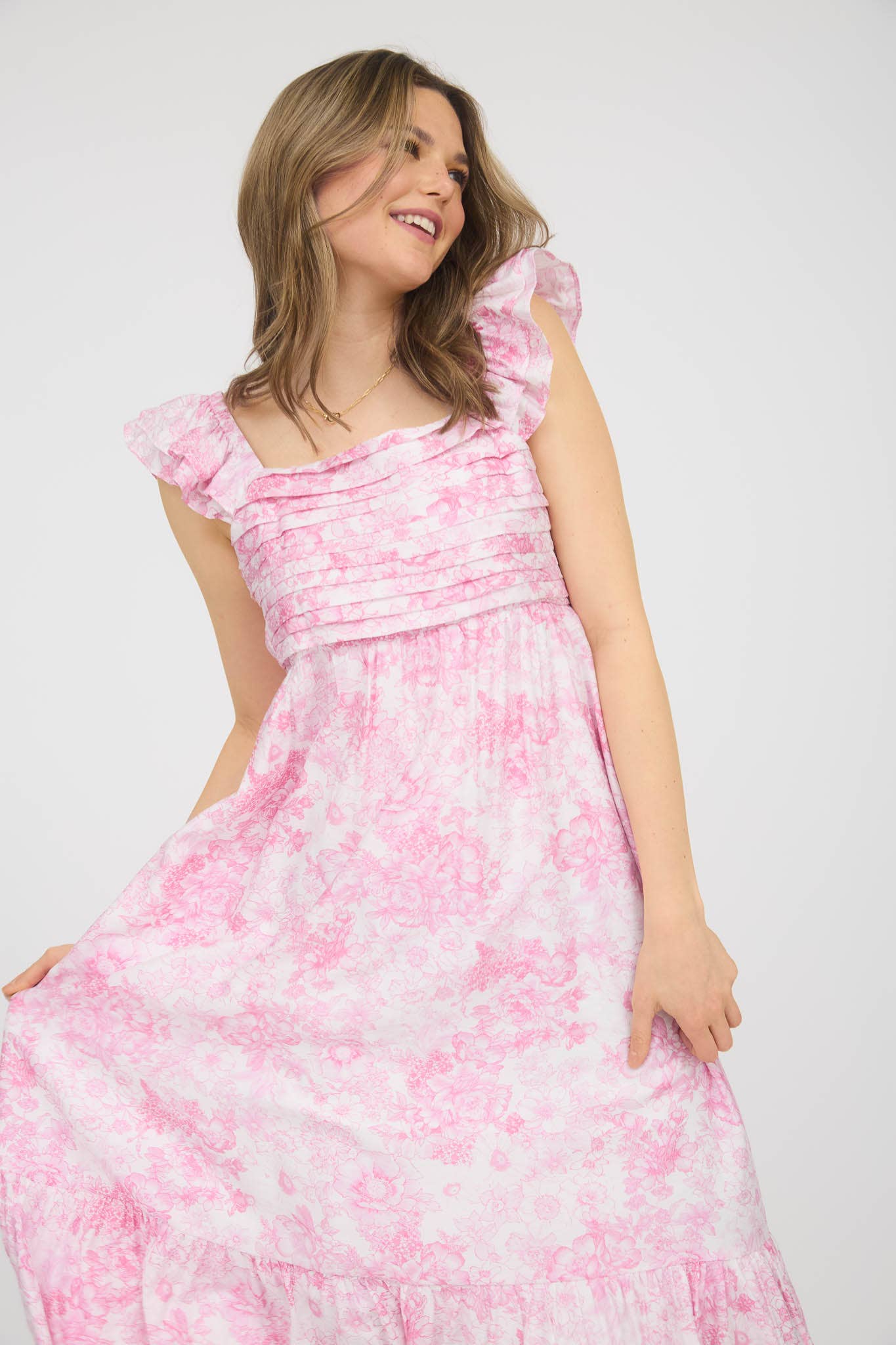 Blu Pepper - FLORAL RUFFLE STRAP DETAIL PLEATED MIDI DRESS