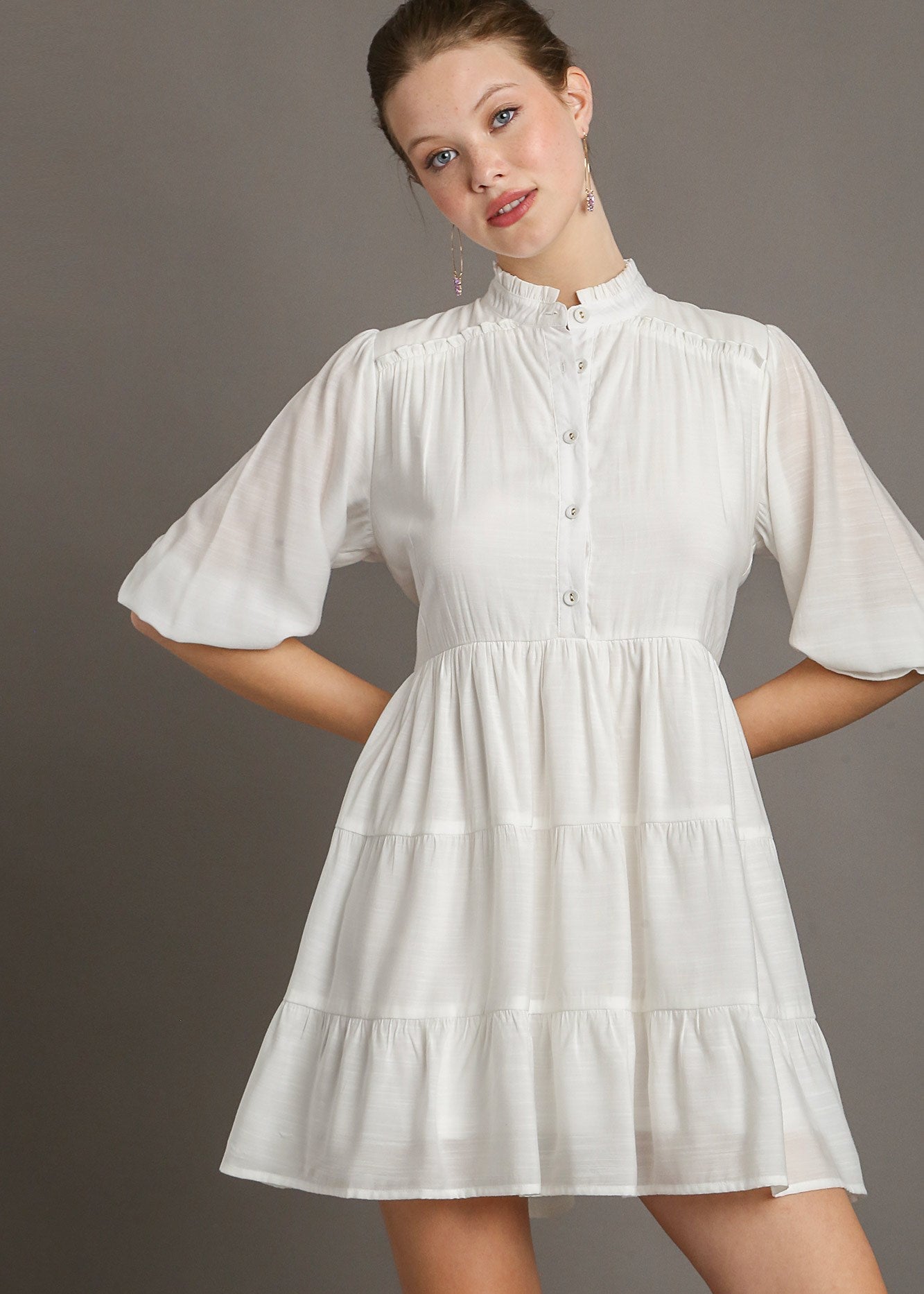 Tiered puff sleeve button-front mini dress