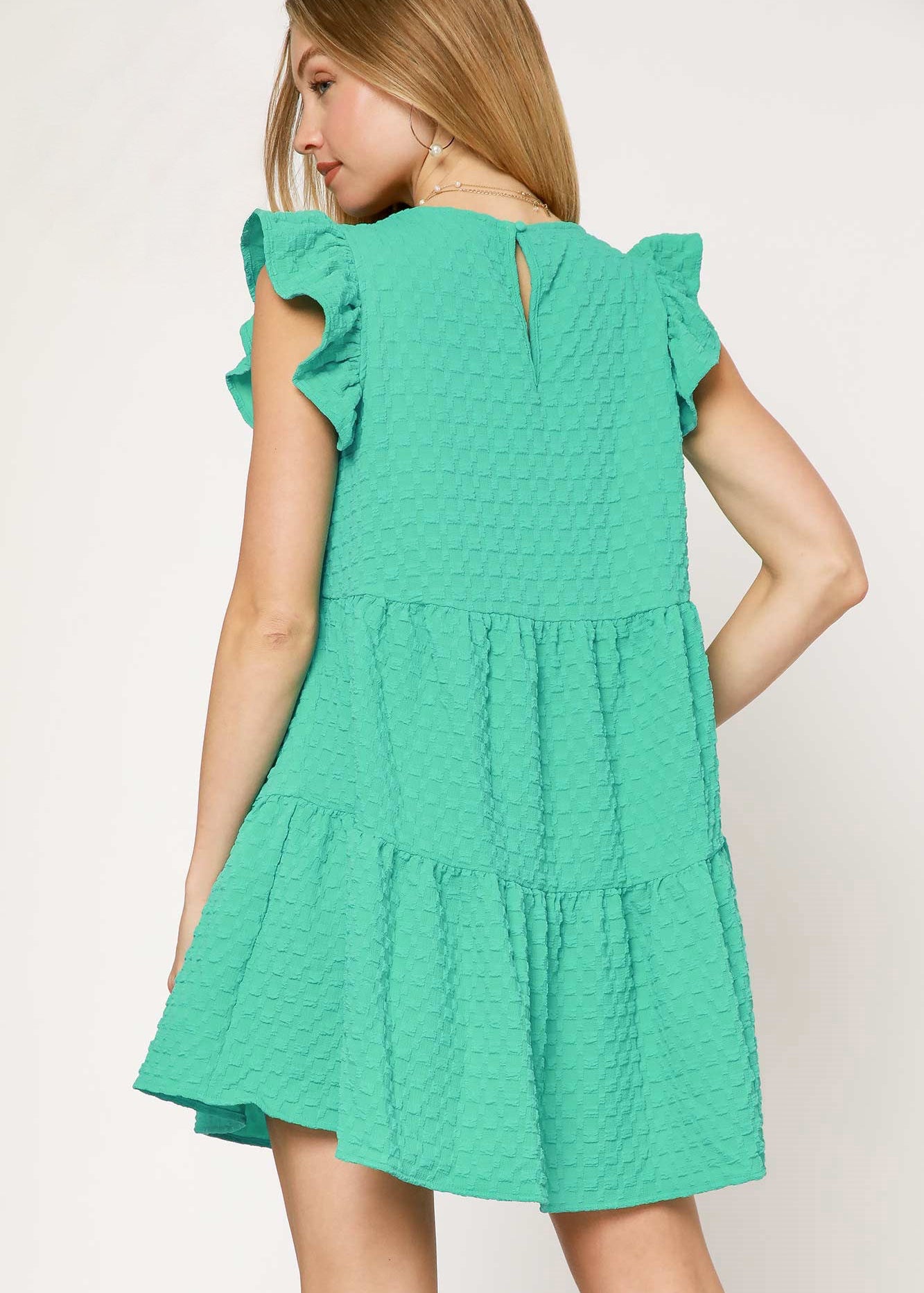 Texture Jacquard round neck tiered dress with back button