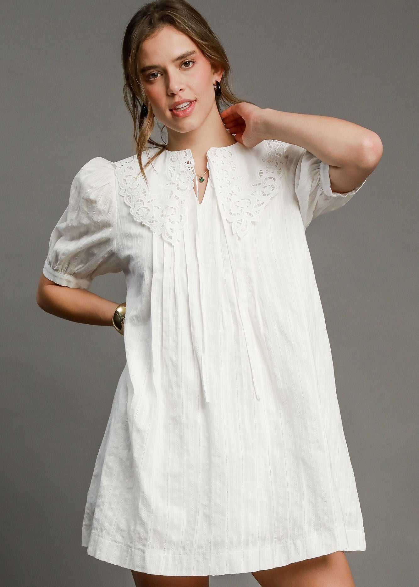 eyelet collared mini dress with front tie