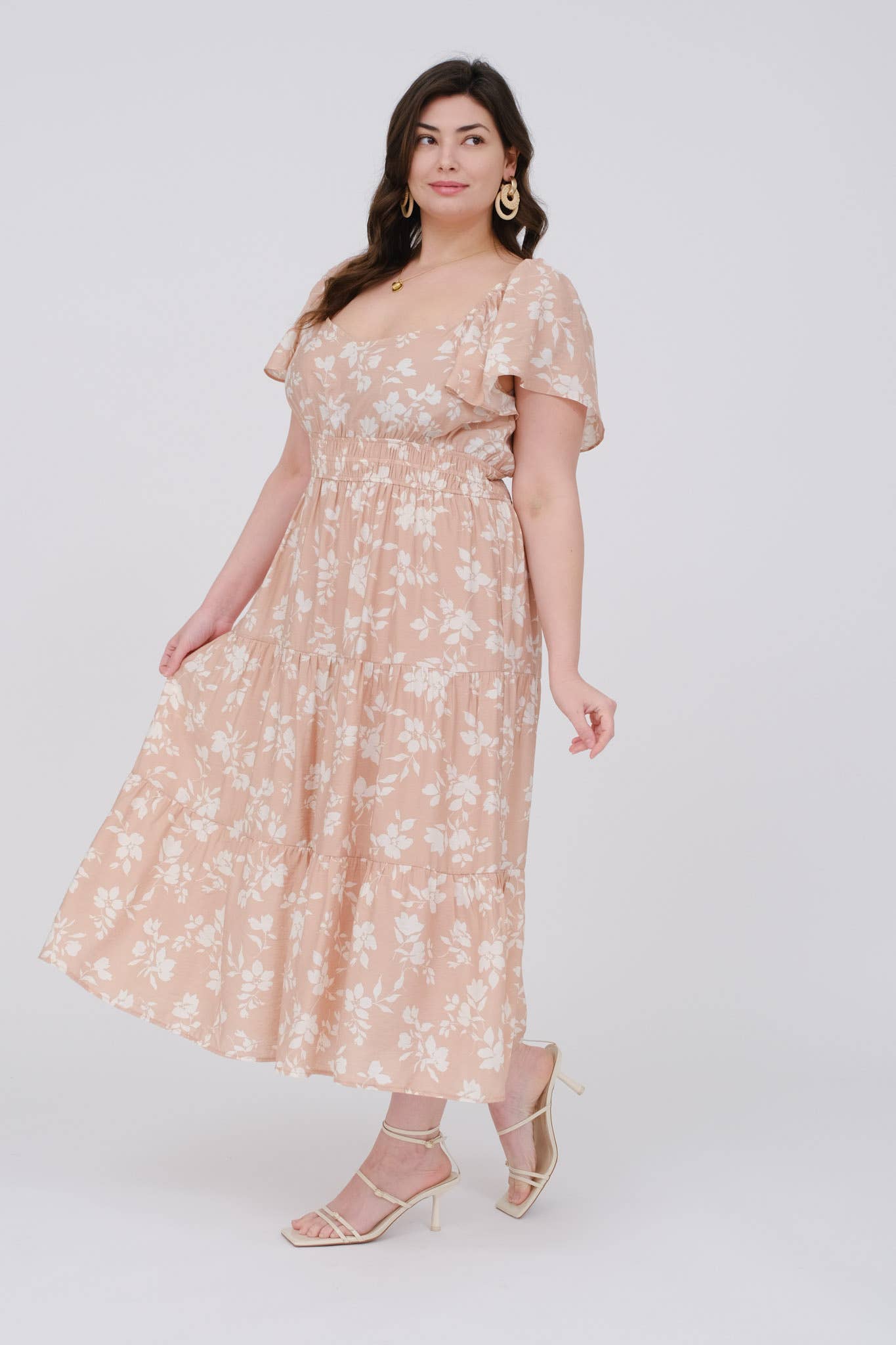 Blu Pepper - PLUS FLORAL SCOOP NECK FLOUNCE SLEEVE MIDI DRESS