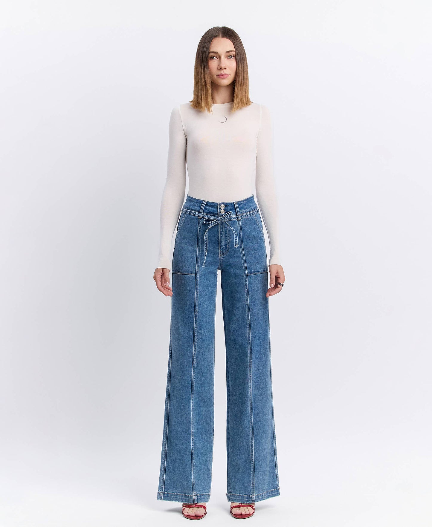 VERVET by FLYING MONKEY - SUPER HIGH RISE TIE WAISTBAND WIDE LEG JEANS T6765