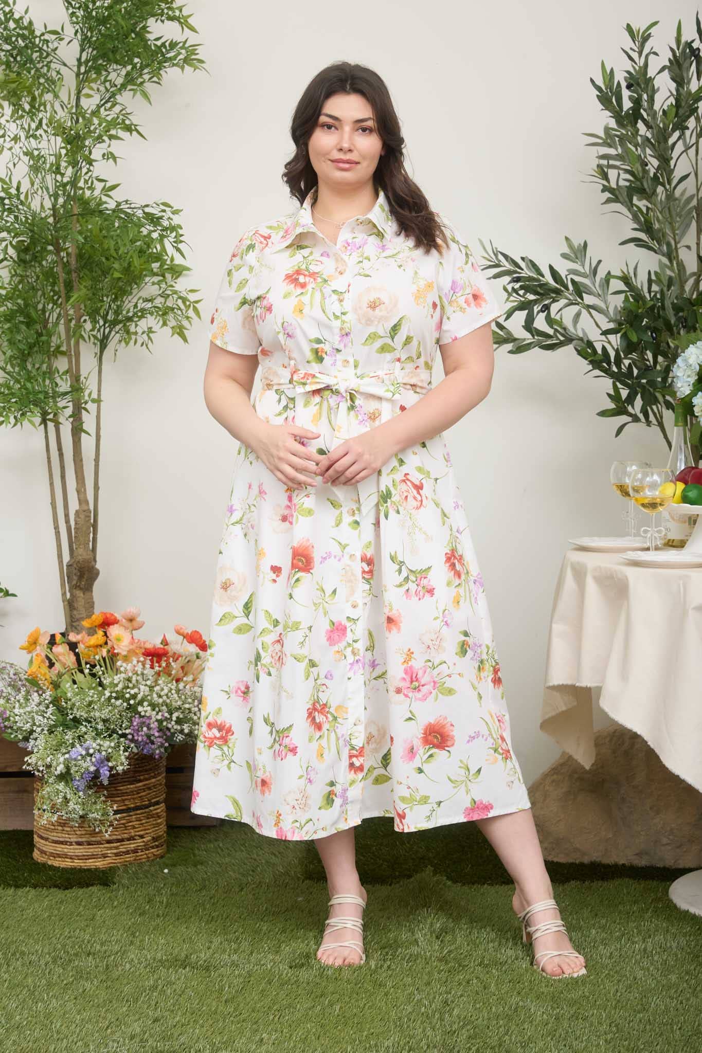 Blu Pepper - PLUS FLORAL SHORT SLEEVE BELTED MIDI SHIRT DRESS