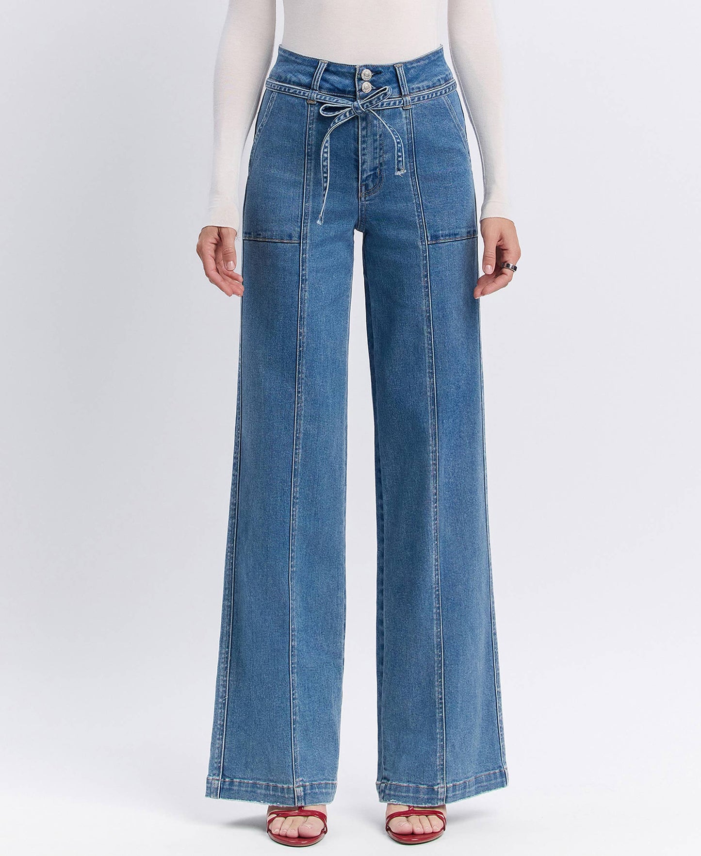 VERVET by FLYING MONKEY - SUPER HIGH RISE TIE WAISTBAND WIDE LEG JEANS T6765