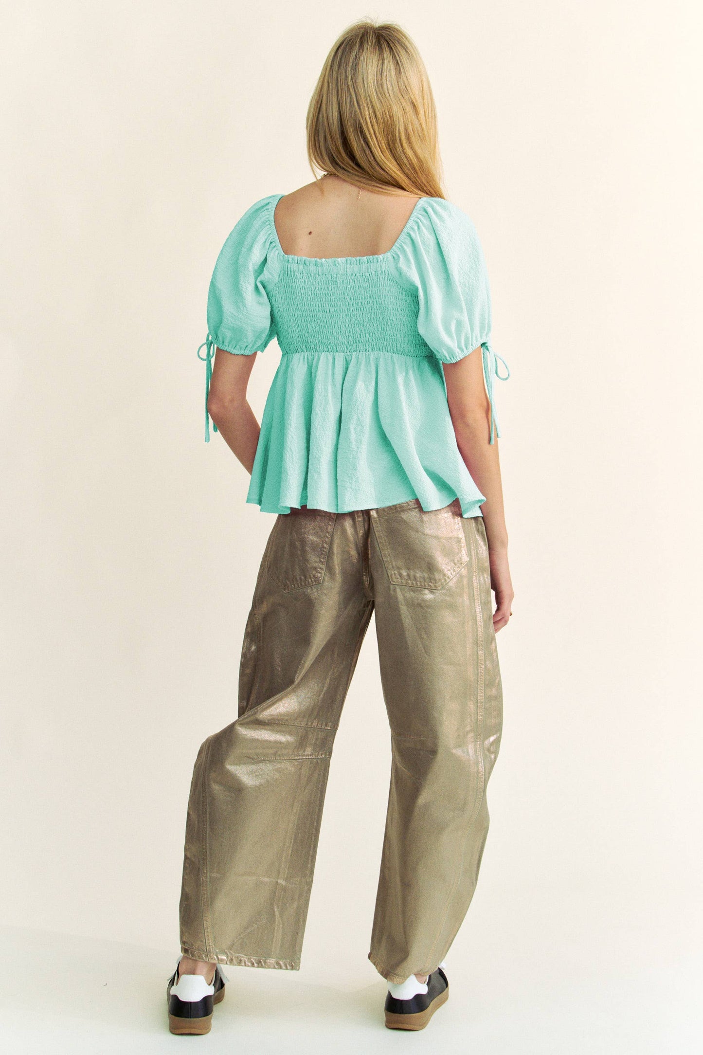 SOLID ELASTIC PEPLUM PUFFED SLEEVES BLOUSE TOP