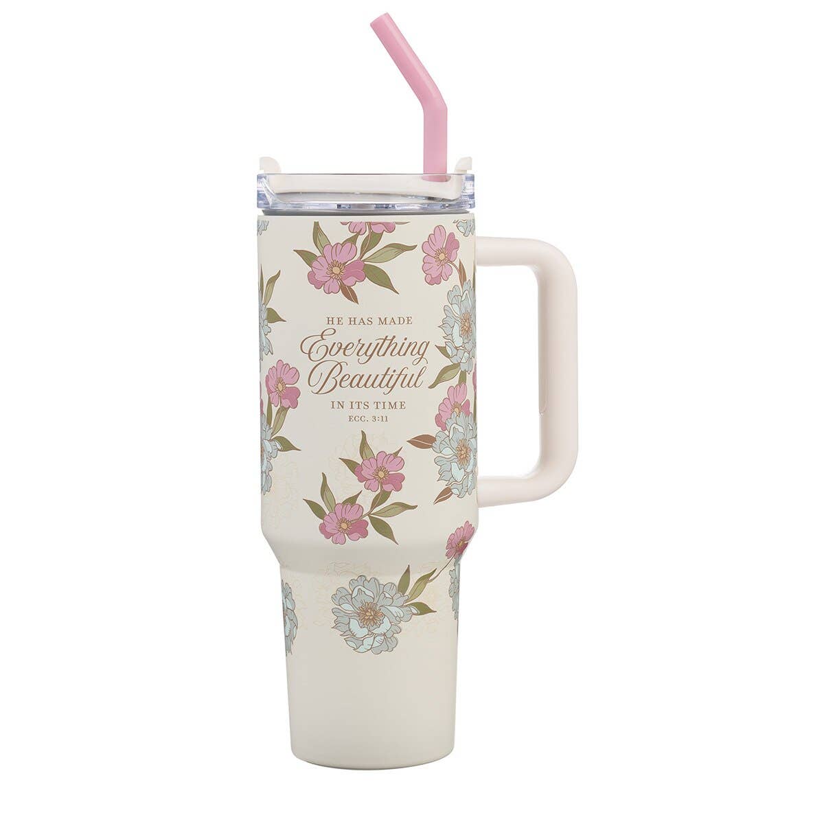 Christian Art Gifts - Tumbler w/straw SS Ivory Everything Beautiful Ecc. 3:11