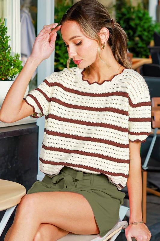 Scalloped Edge Crew Neck Striped Crochet Sweater