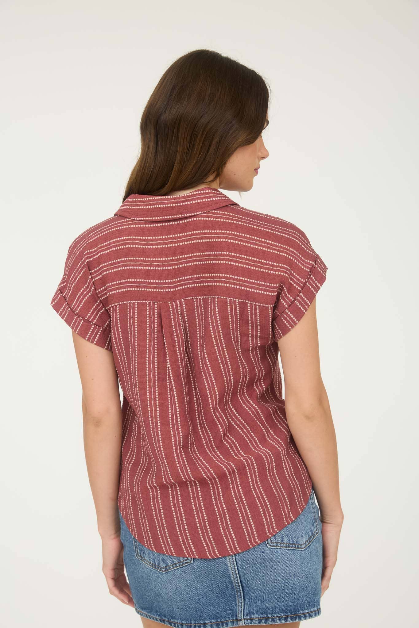 PLUS Stripe Half Button Collared Short Sleeve Top