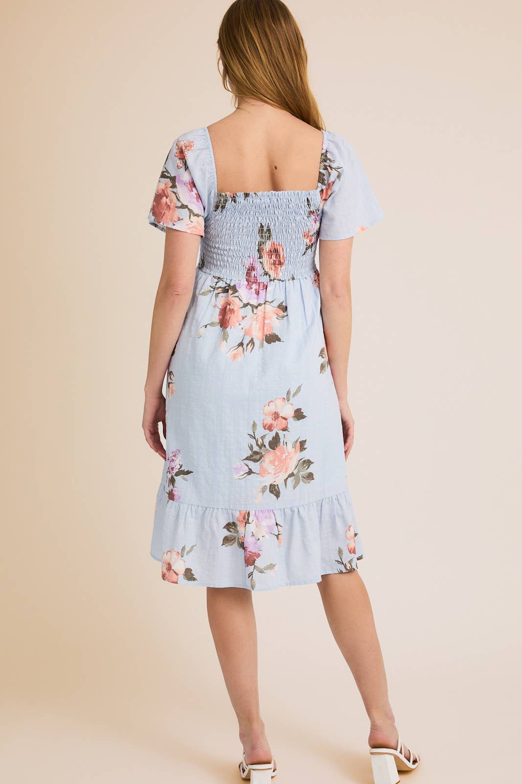 SMOCKING SHORT SLEEVE RUFFLE HEM FLORAL PRINT DRESS