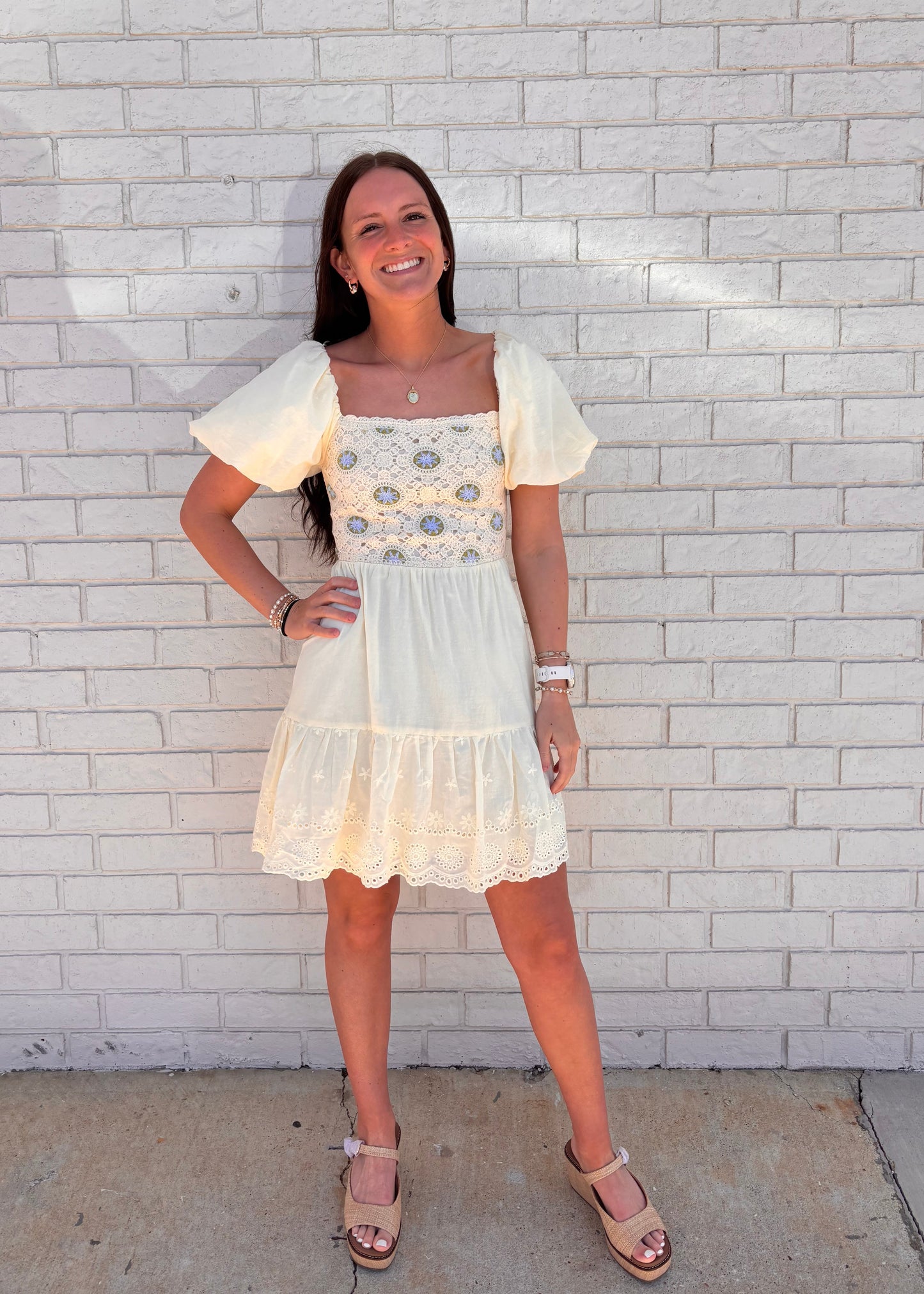 Cream Spring Dress with Green & Blue Accents