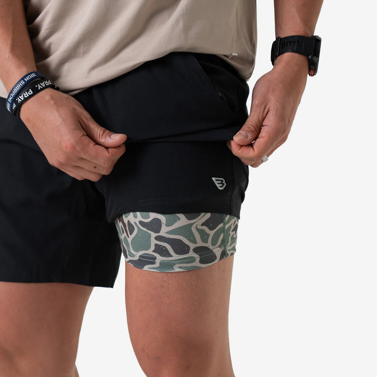 Burlebo Heather Black Athletic Shorts with Retro Duck Camo Liner