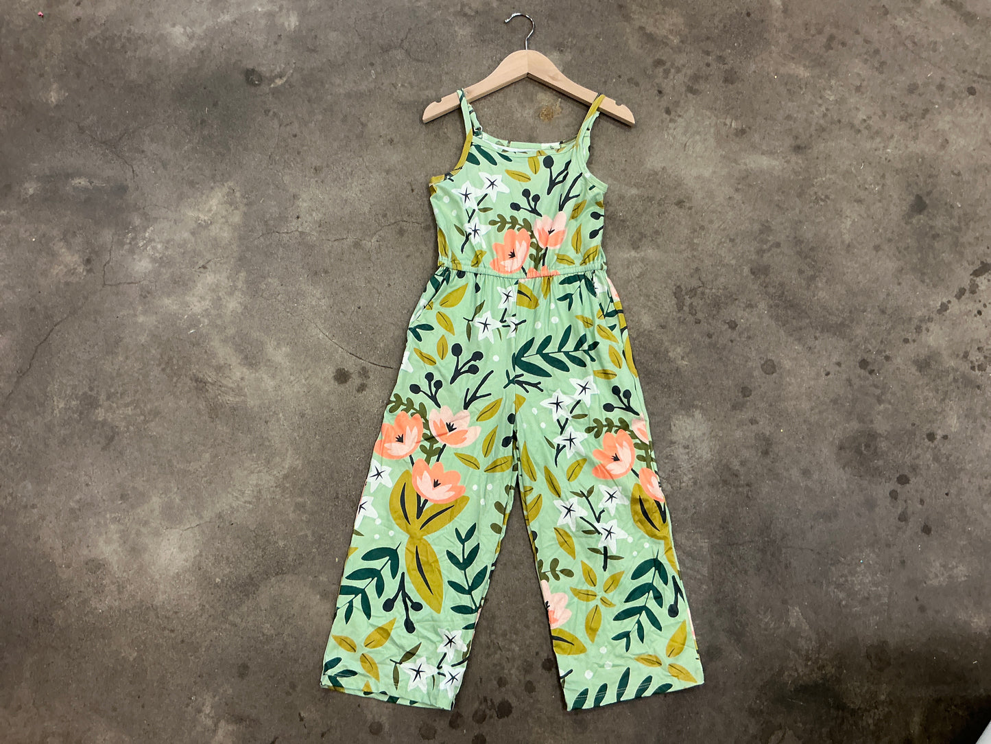 Kids Sage Pink Floral Spring Summer Jumpsuit With Pockets