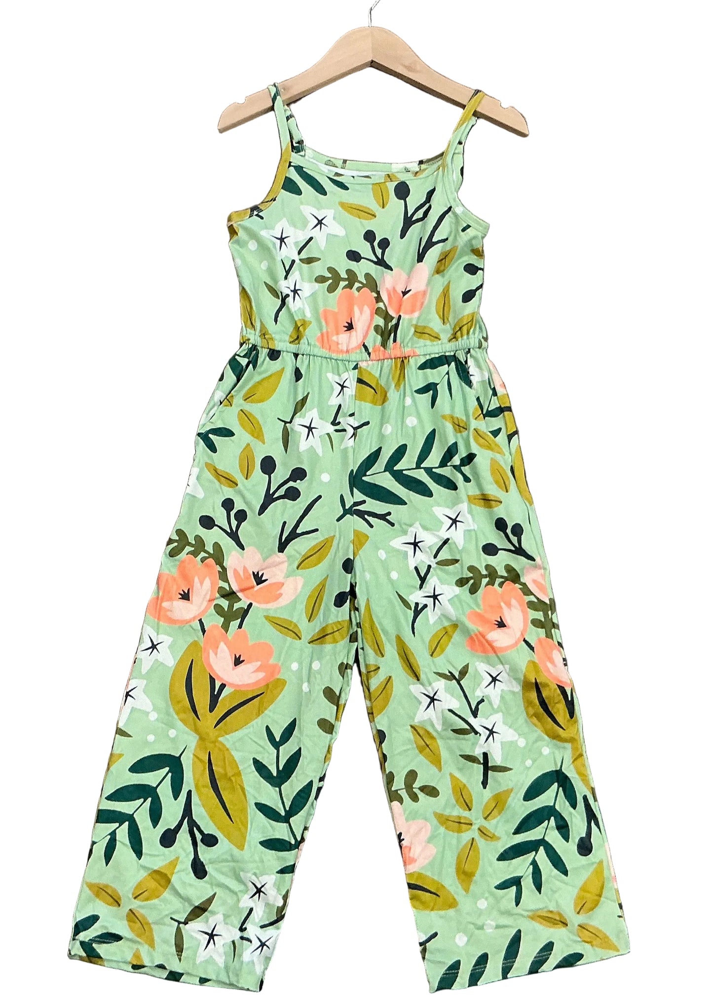 Kids Sage Pink Floral Spring Summer Jumpsuit With Pockets