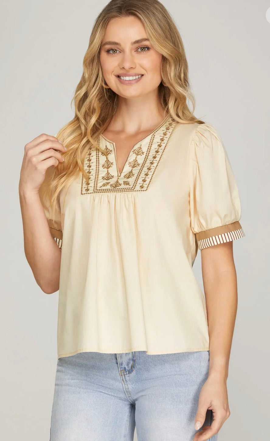 Short sleeve taylor embroidered top