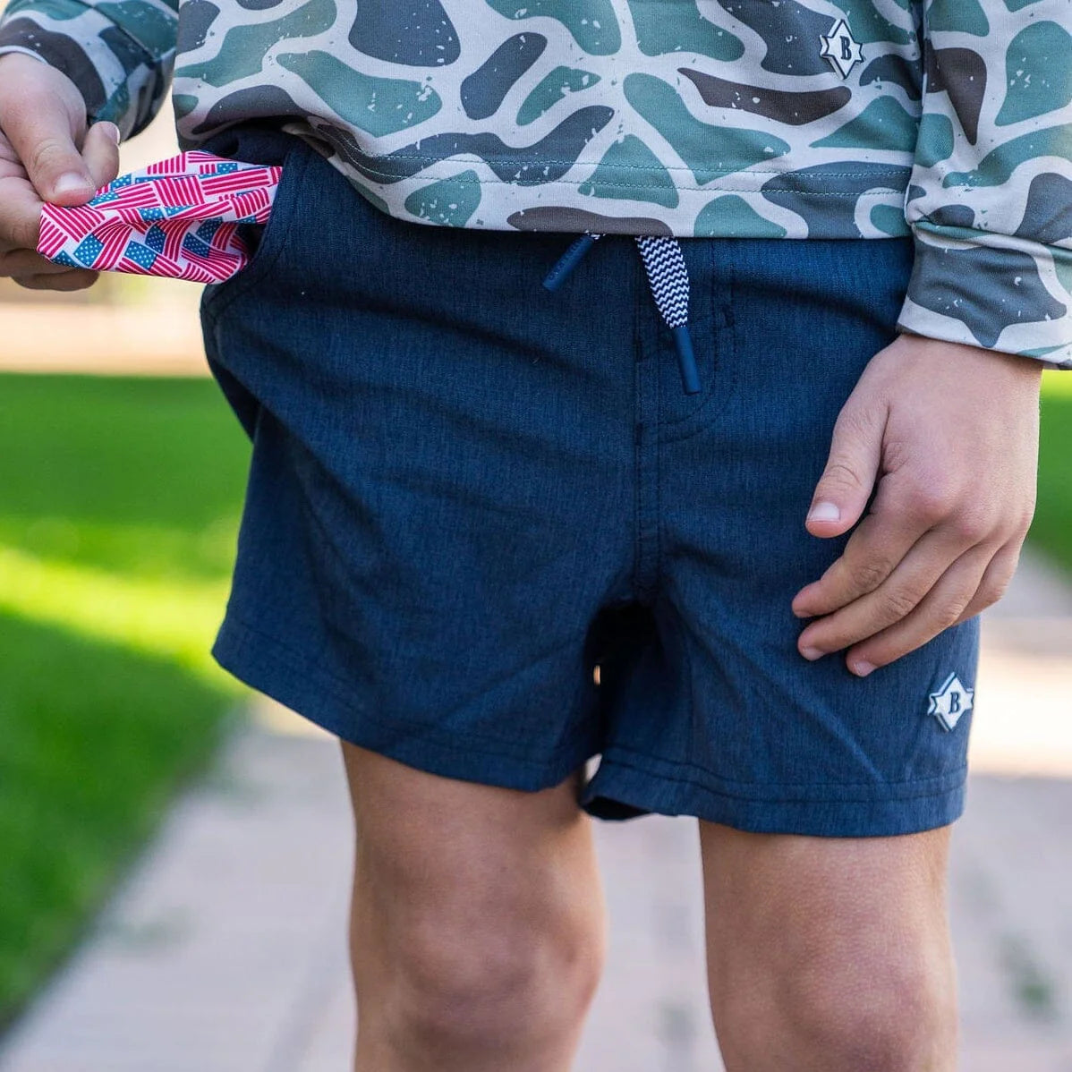 Burlebo Youth athletic short heather navy american flag liner