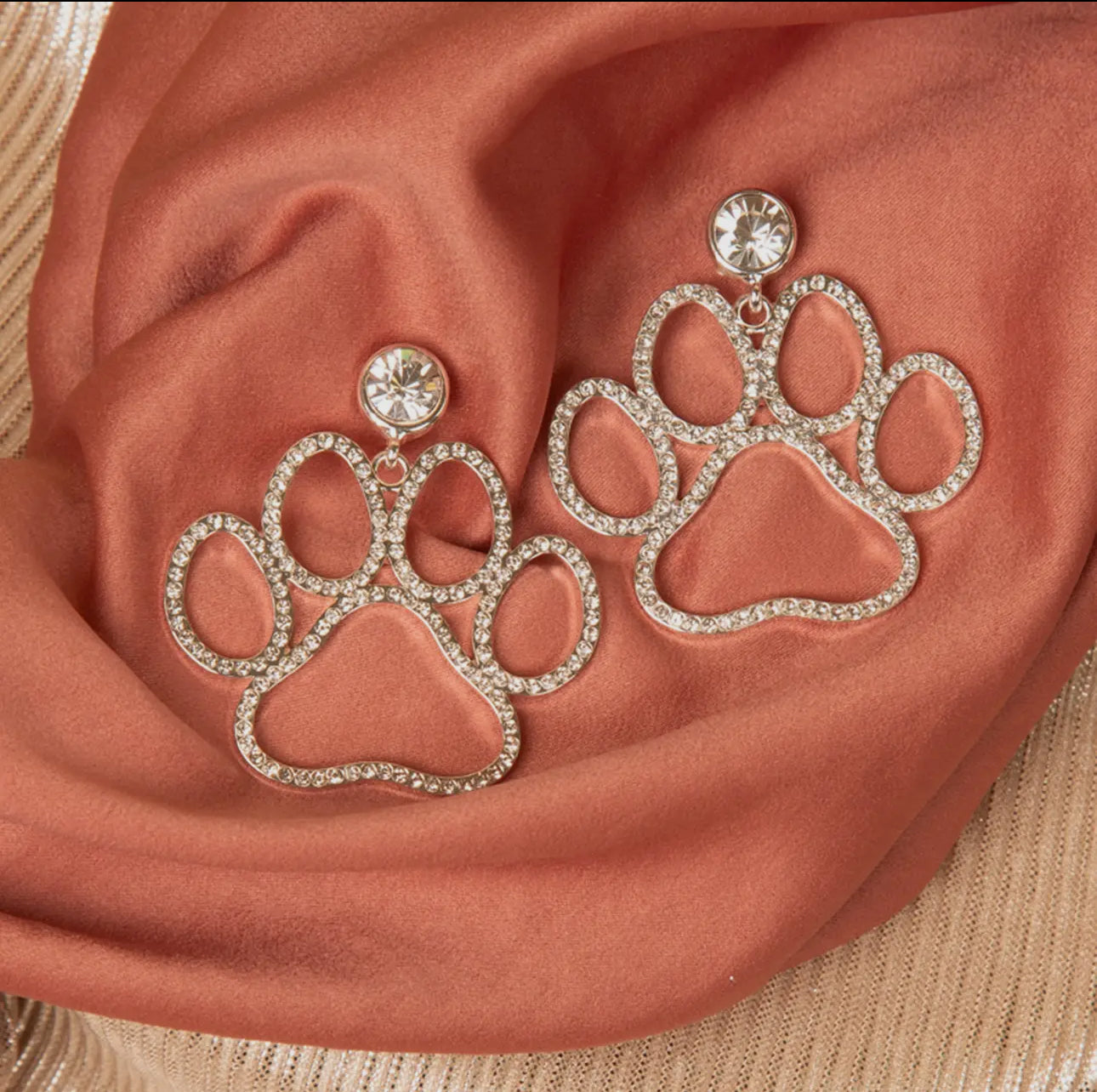 Silver Jeweled Paw Print Earrings