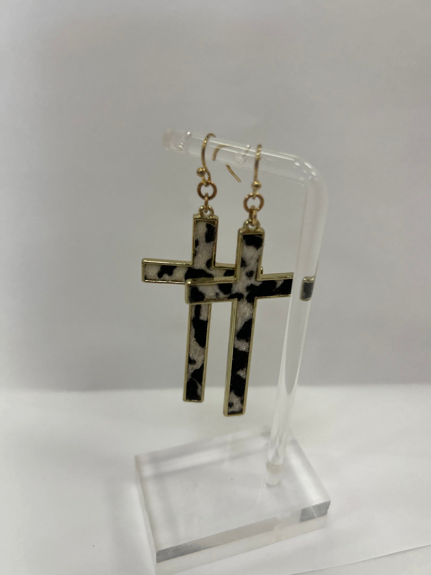 Gold Accented Cowprint Cross Earrings