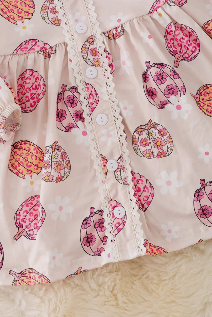 The Shimmer Shack Pumpkin Printed Dress w/ Bubble Sleeve