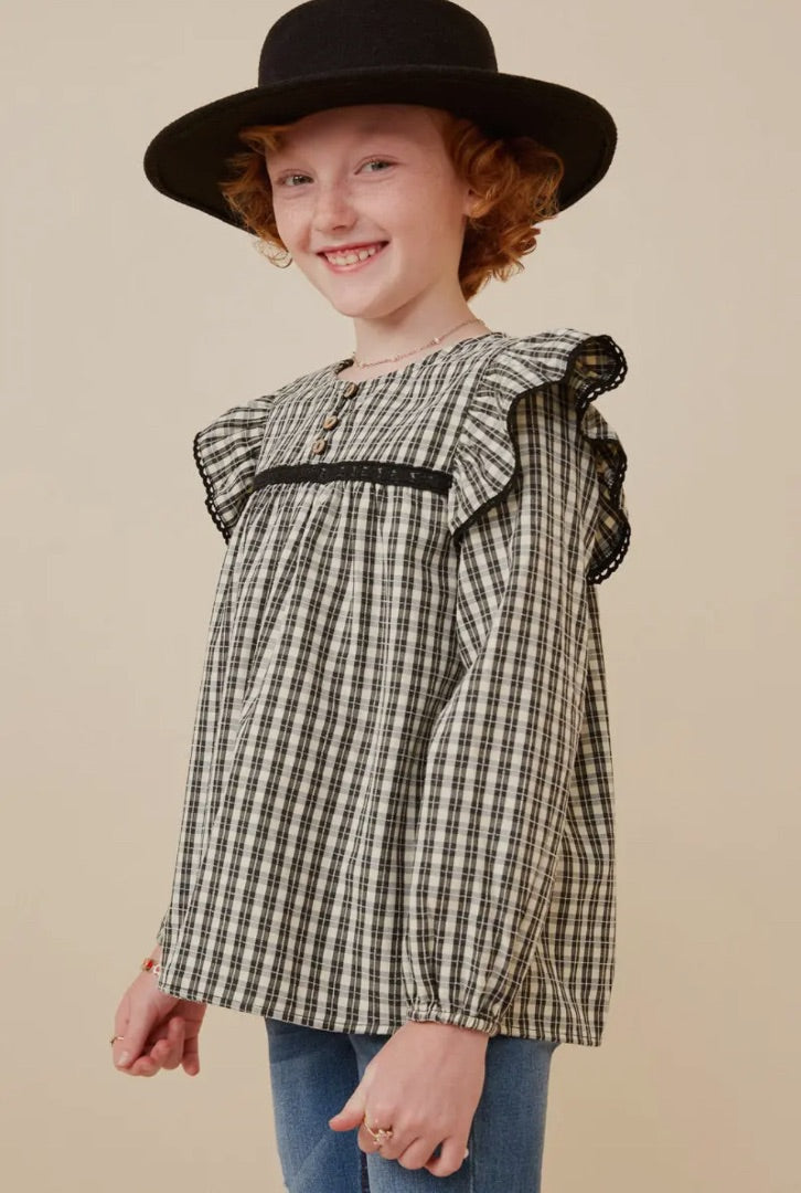 The Shimmer Shack Girls Checkered Lace Trim Ruffled Top