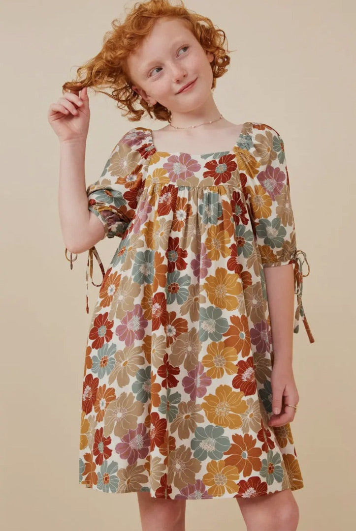 The Shimmer Shack Girls Earthy Floral Tie Sleeve Dress