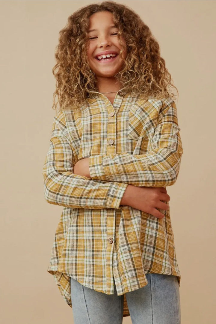 The Shimmer Shack Girls Pocketed Plaid Button Up Shirt