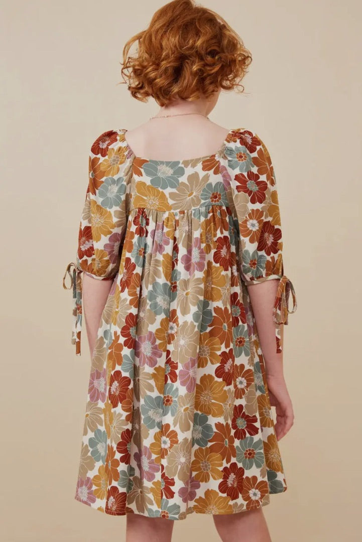 The Shimmer Shack Girls Earthy Floral Tie Sleeve Dress