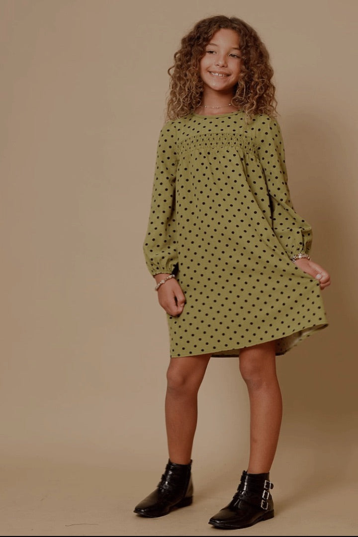 The Shimmer Shack Girls Smocked Detail Polka Dot Dress