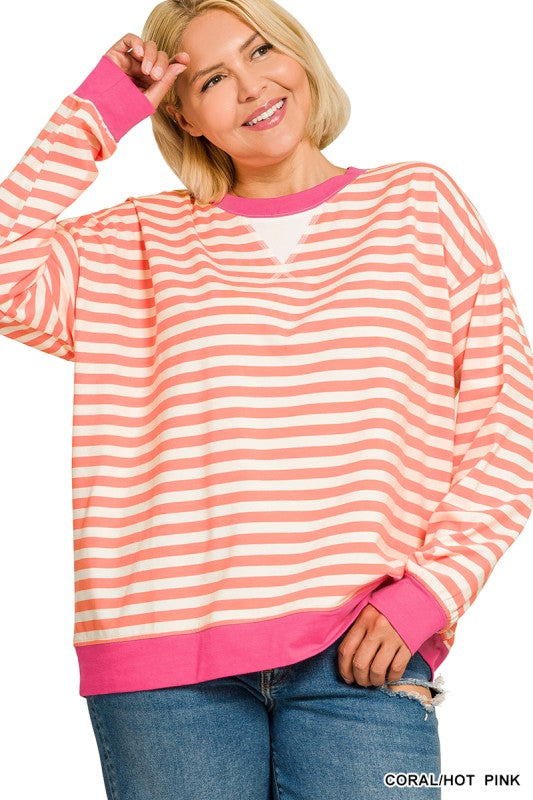 The Shimmer Shack PLUS Coral and Pink Striped Pullover