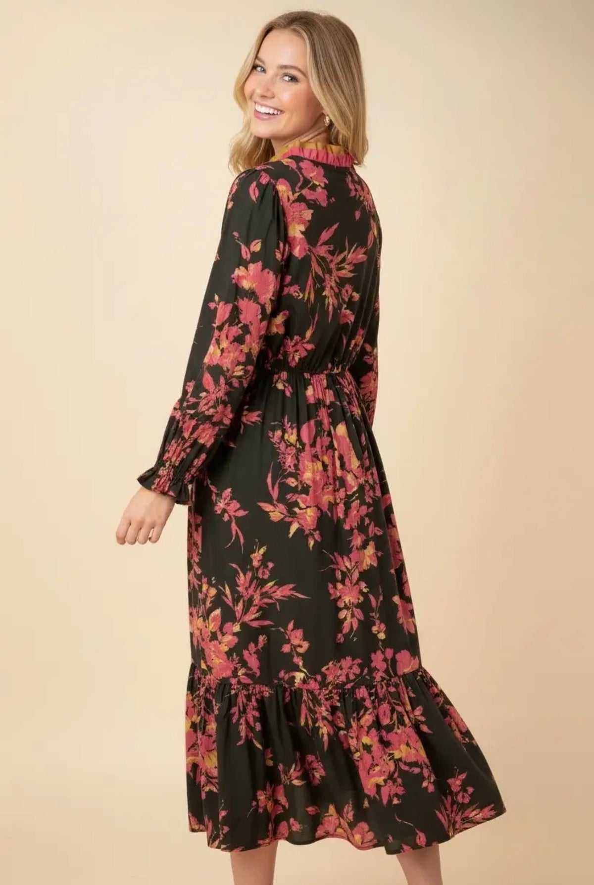 The Shimmer Shack PLUS Floral Ruffle Neck Dress