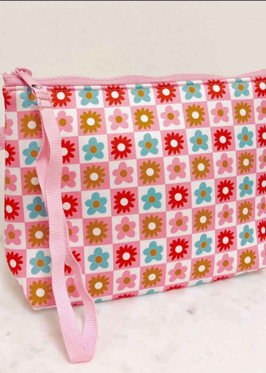 The Shimmer Shack Check Floral Cosmetic Bag with Wrist Strap