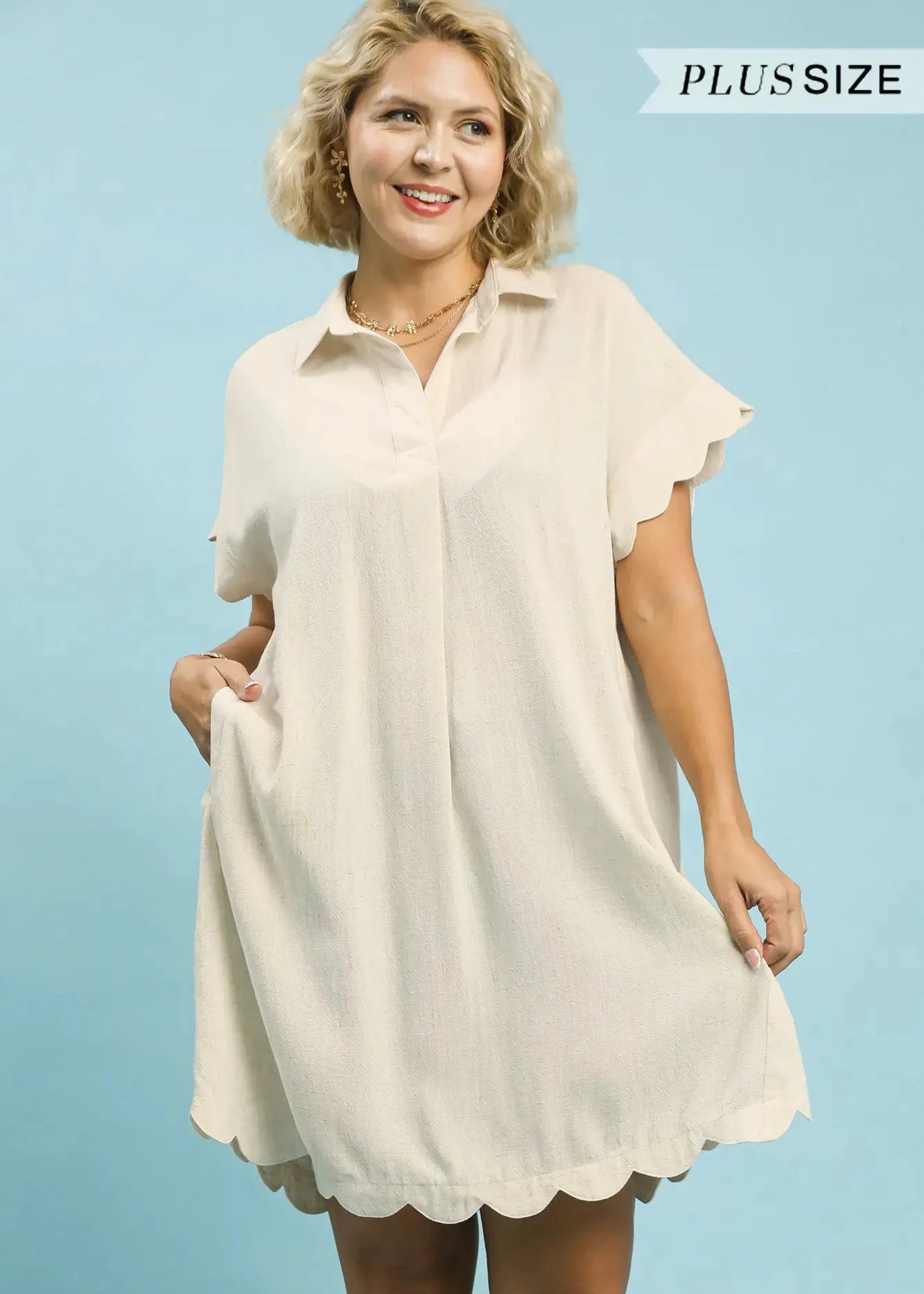 The Shimmer Shack PLUS Scallop Hem Linen Dress Oatmeal