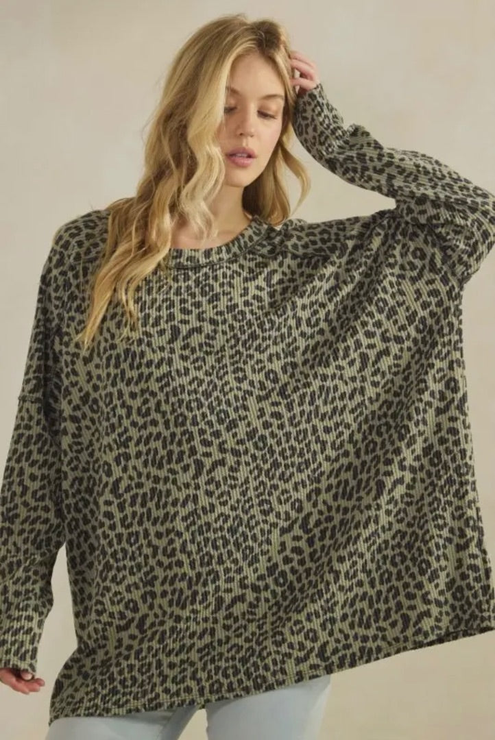 The Shimmer Shack SS Reg Long Sleeve Animal Print Ribbed Top