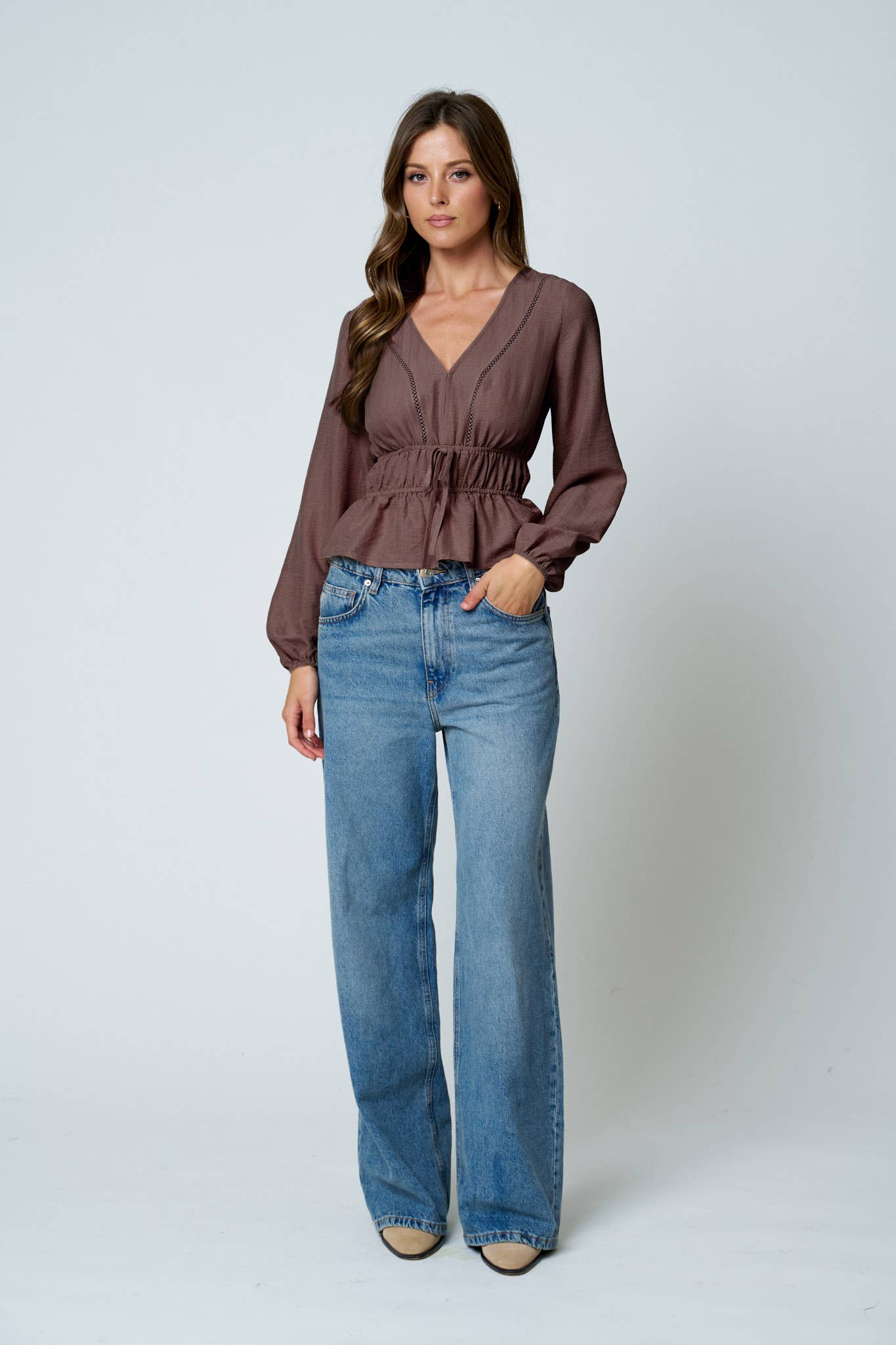Blu Pepper - LADDER LACE TRIM V NECK LONG SLEEVE RUFFLE HEM TOP