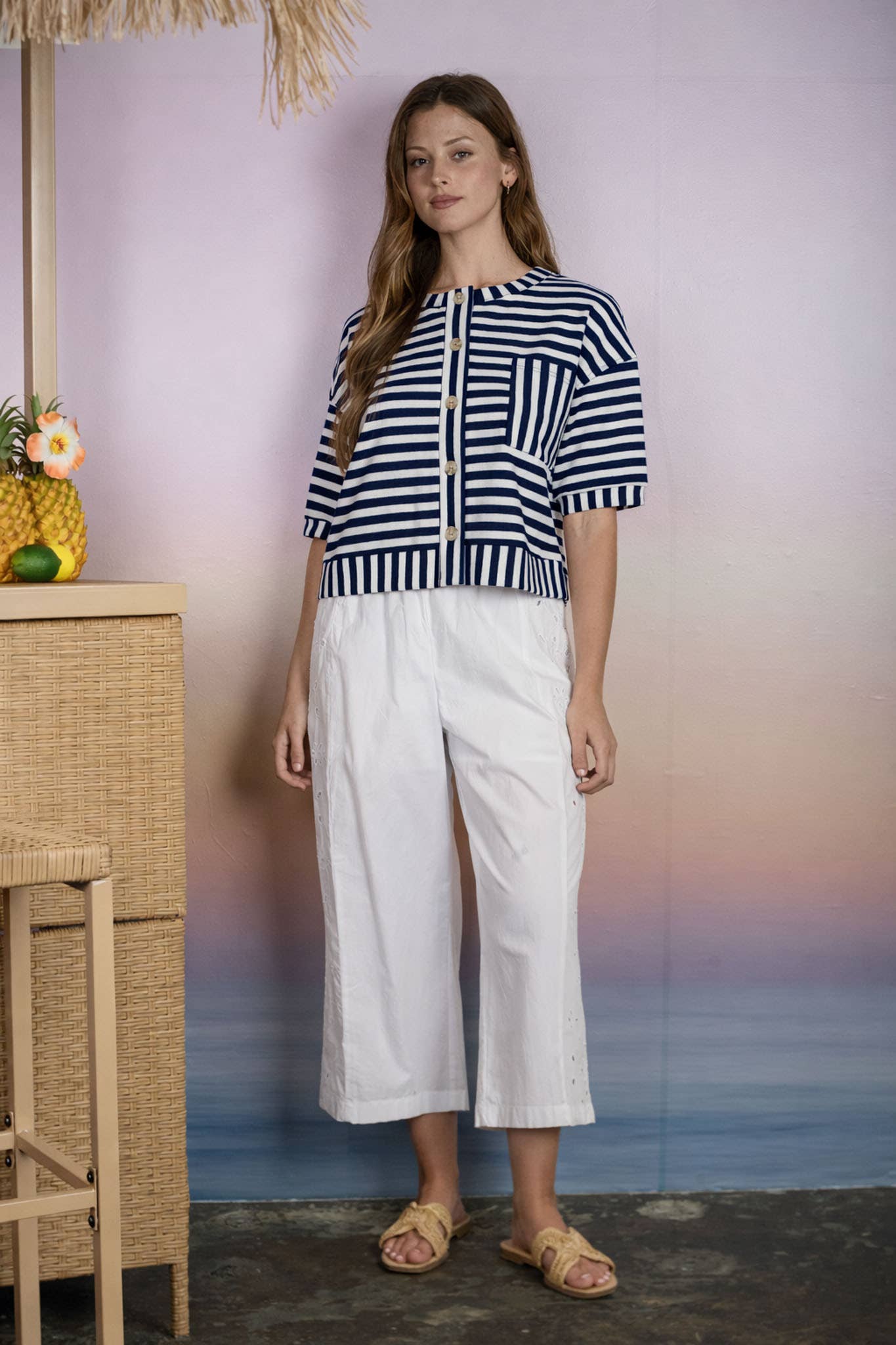 STRIPE PATTERN SHORT SLEEVE BUTTON DOWN KNIT TOP