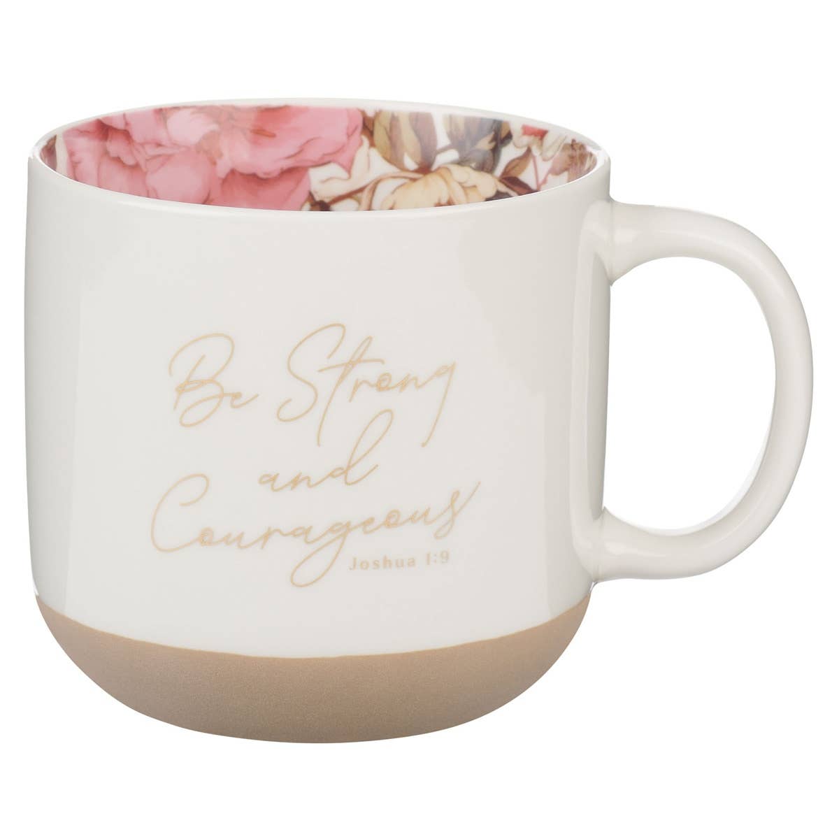Christian Art Gifts - Mug White Floral Strong & Courageous Josh. 1:9