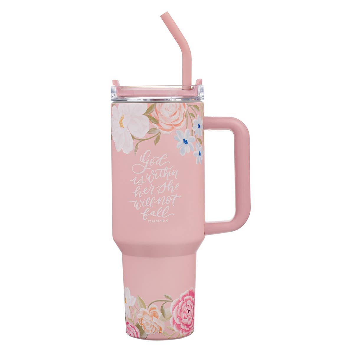 Christian Art Gifts - Tumbler w/straw SS Pink God is within her Ps. 46:5