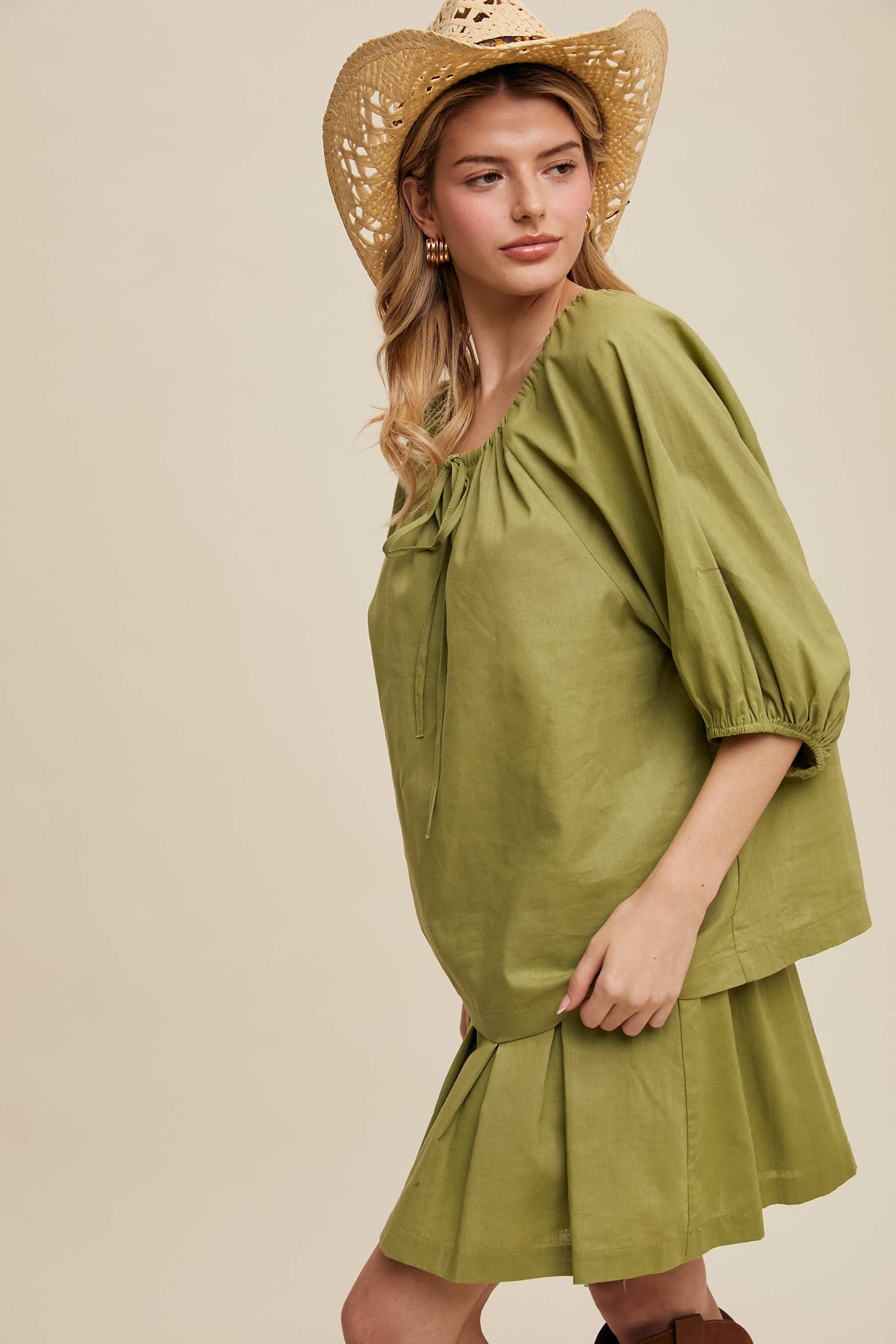 Listicle - Linen Puff Sleeve Blouse & Pleated Skirt Set